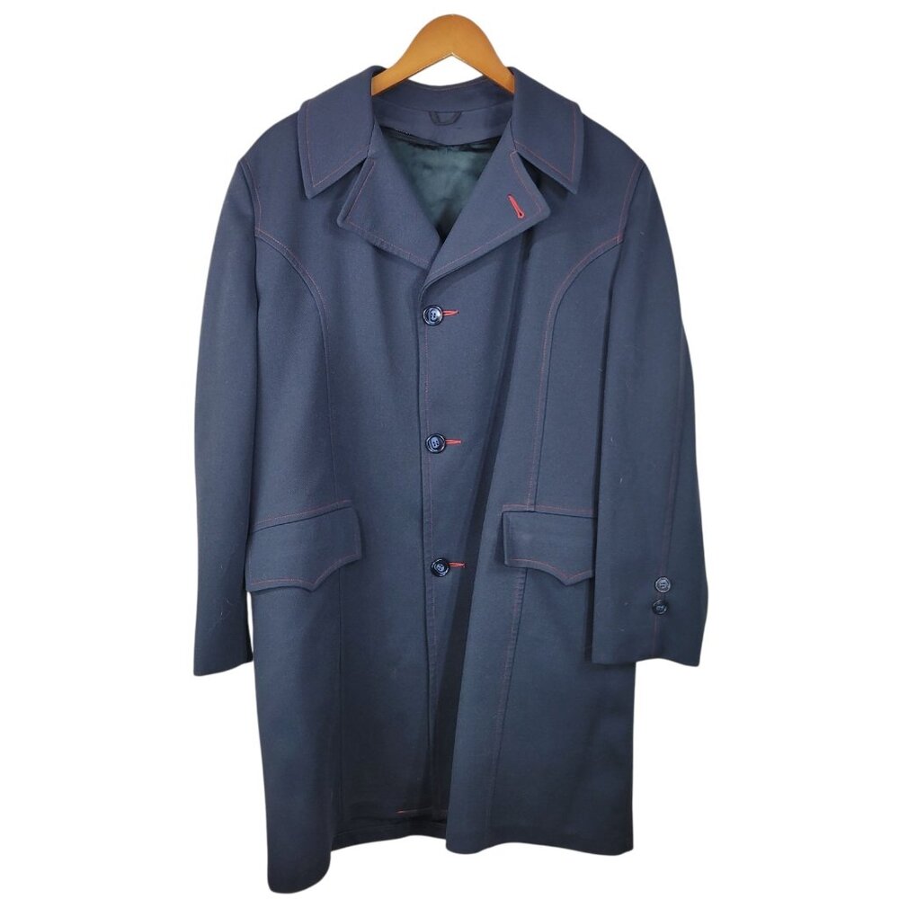 Vintage 70s Mens Coat Large XL 46 Reg Navy Removable Liner Winter Double Knit